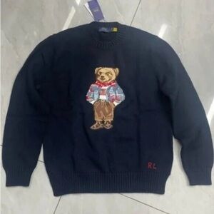 Ralph Lauren Navy Crewneck Sweater with Embroidered Bear Motif